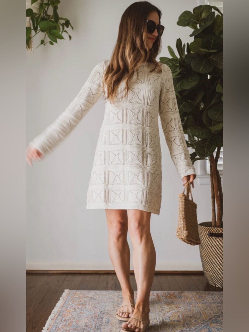 Elegant Cream Long Sleeve Crochet Knit Dress
